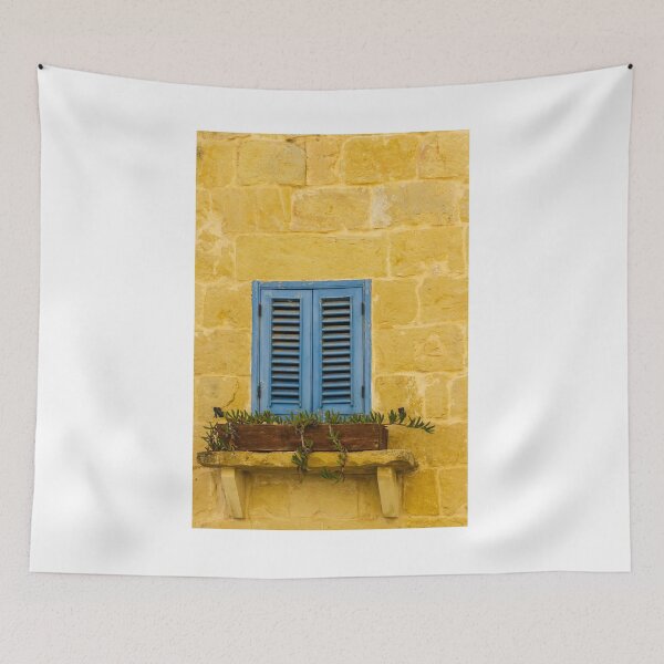 Item preview, Rustic Stone Wall with Blue Shuttered Window and Wooden Flower Box designed and sold by Nmallia.