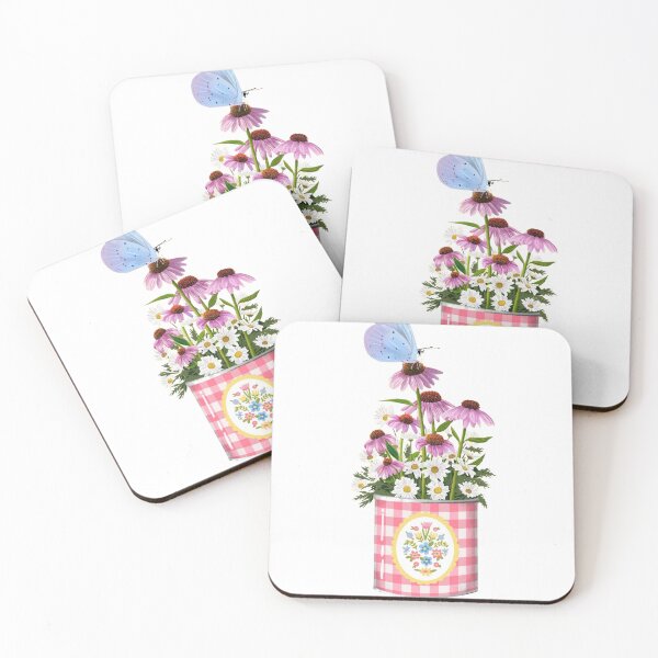 Item preview, Blue Butterfly Pink Gingham Tin Can Wildflowers Floral Illustration designed and sold by MindMakerStudio.