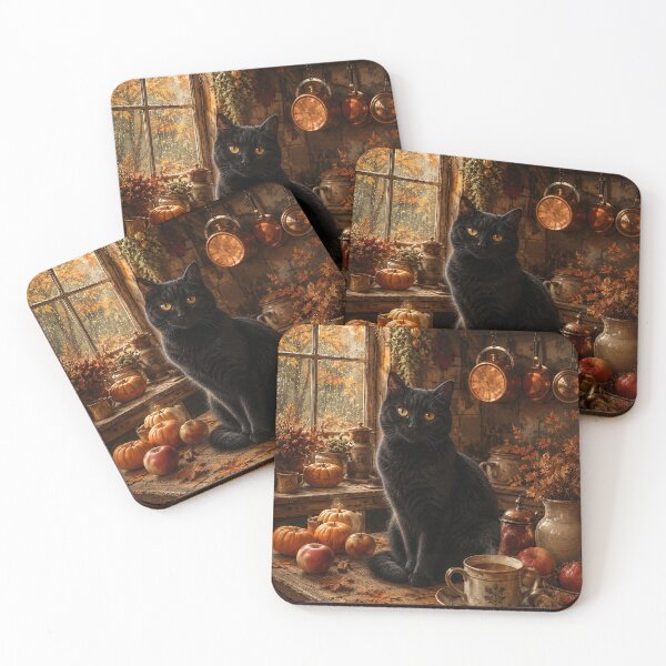 Item preview, Cozy Autumn Black Cat in a Rustic Kitchen designed and sold by Erika Kaisersot.