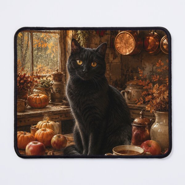 Item preview, Cozy Autumn Black Cat in a Rustic Kitchen designed and sold by Erika Kaisersot.