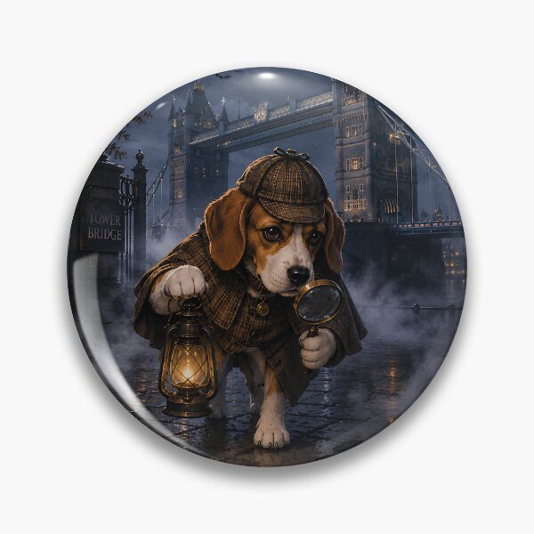 Item preview, Mystery detective Beagle on the foggy Tower Bridge designed and sold by Nomad-Paws.