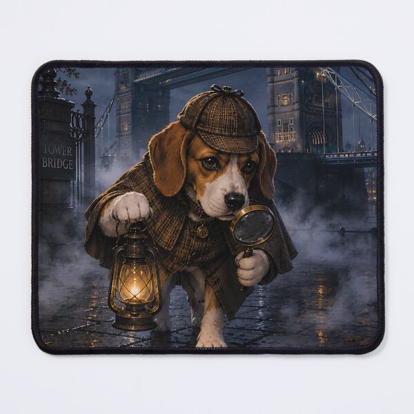 Item preview, Mystery detective Beagle on the foggy Tower Bridge designed and sold by Nomad-Paws.