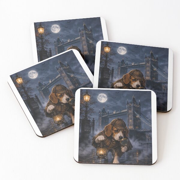 Item preview, Mystery detective Beagle on the foggy Tower Bridge designed and sold by Nomad-Paws.