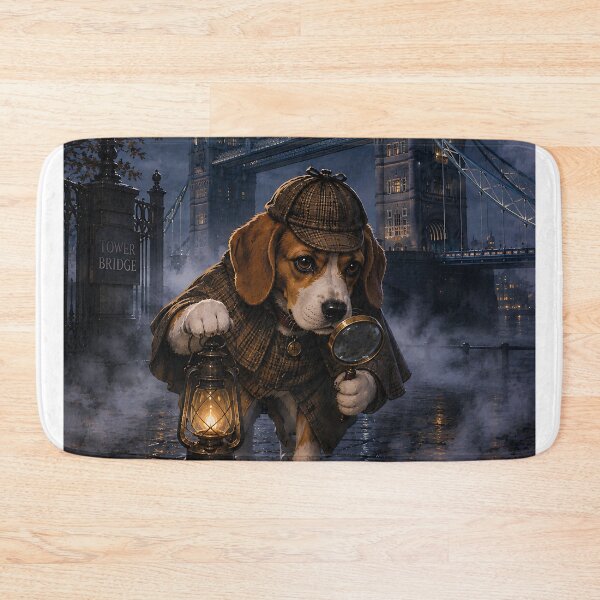 Item preview, Mystery detective Beagle on the foggy Tower Bridge designed and sold by Nomad-Paws.