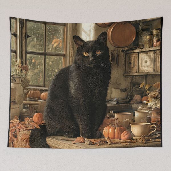 Item preview, Cozy Black Cat in a Vintage Autumn Kitchen designed and sold by Erika Kaisersot.