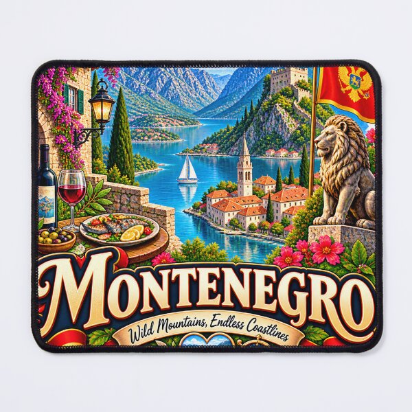 Item preview, Montenegro Travel Sticker | Kotor Fjord Coastal Village Lion & Wine Art designed and sold by alexcorporation.