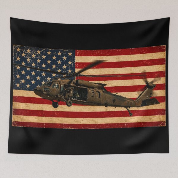 Item preview, UH-60 Black Hawk Helicopter Vintage Worn American Flag designed and sold by MilitaryMart.