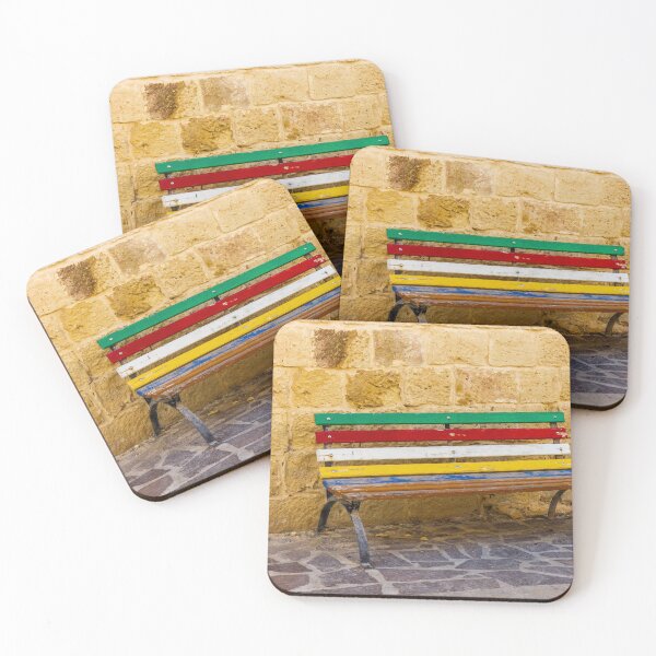 Item preview, Colorful Painted Bench Against Rustic Stone Wall On Sunny Mediterranean Street designed and sold by Nmallia.