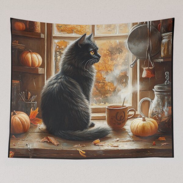 Item preview, Black Cat Watching the Autumn Rain designed and sold by Erika Kaisersot.