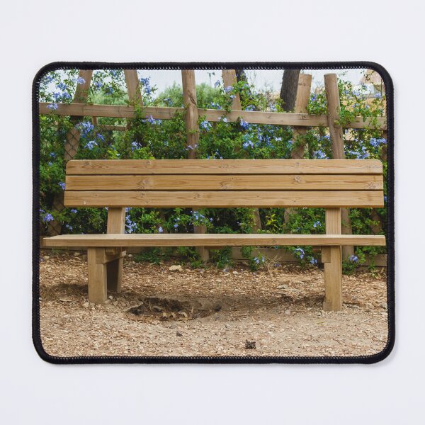 Item preview, Wooden Bench in a Peaceful Garden Surrounded by Purple Flowers and Shrubs designed and sold by Nmallia.