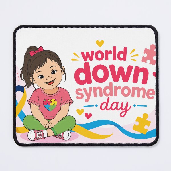 Item preview, World Down Syndrome Day banner with happy girl, colorful puzzle pieces and awareness symbols designed and sold by JrNergal.