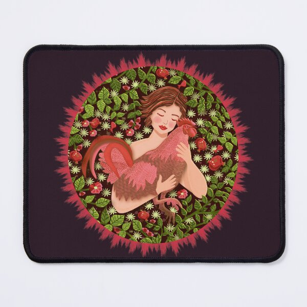 Item preview, Pattern of a woman caressing a rooster, surrounded by pomegranate trees designed and sold by WONDERPRINTVALLEY.