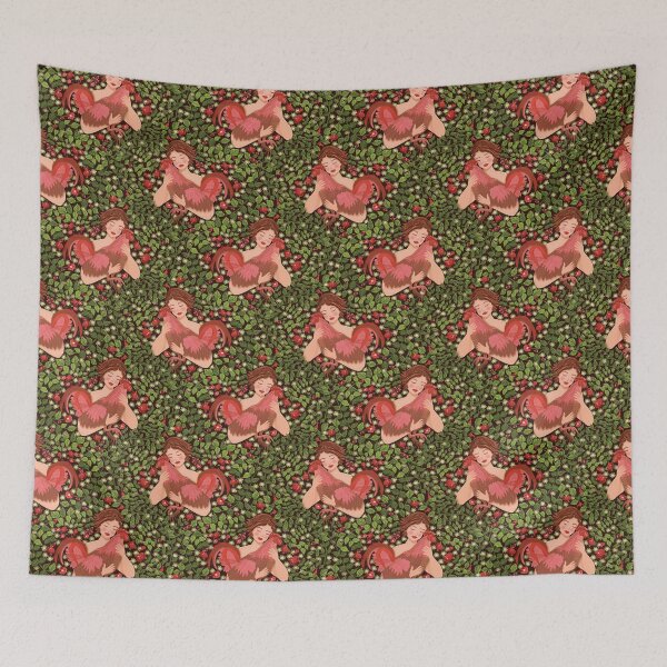 Item preview, Pattern of a woman caressing a rooster, surrounded by pomegranate trees designed and sold by WONDERPRINTVALLEY.
