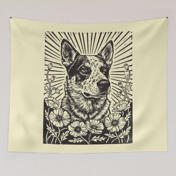 Item preview, Australian Cattle Dog Floral Blue Heeler Linocut    designed and sold by Y-Vibes.