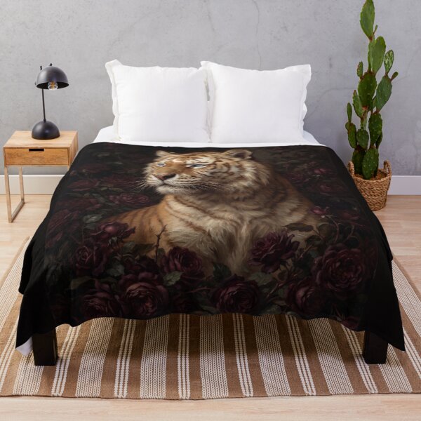 Item preview, Tiger painting and dark peonies designed and sold by Real Beast Art.