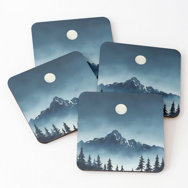 Aperçu de l'œuvre Full Moon Over Mountain Forest Blue Landscape Illustration créée et vendue par mijaczeek.