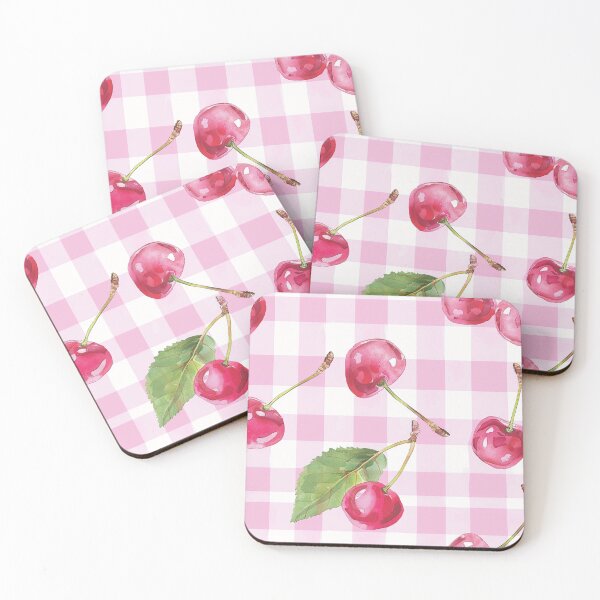 Artikelvorschau, Aquarell-Kirschbeeren auf rosa kariertem Hintergrund entworfen und verkauft von GennyBunny.
