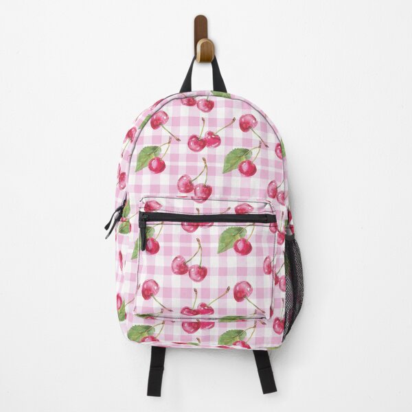 Item preview, watercolor cherry berries  on pink plaid background designed and sold by GennyBunny.