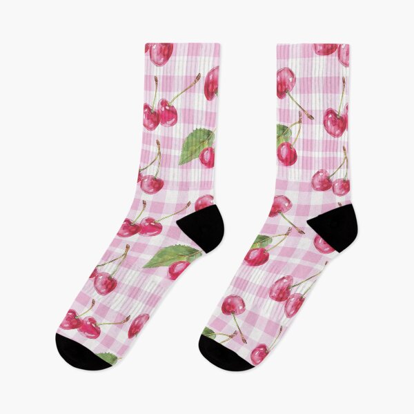 Item preview, watercolor cherry berries  on pink plaid background designed and sold by GennyBunny.