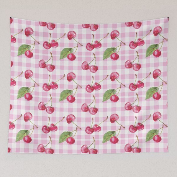 Item preview, watercolor cherry berries  on pink plaid background designed and sold by GennyBunny.