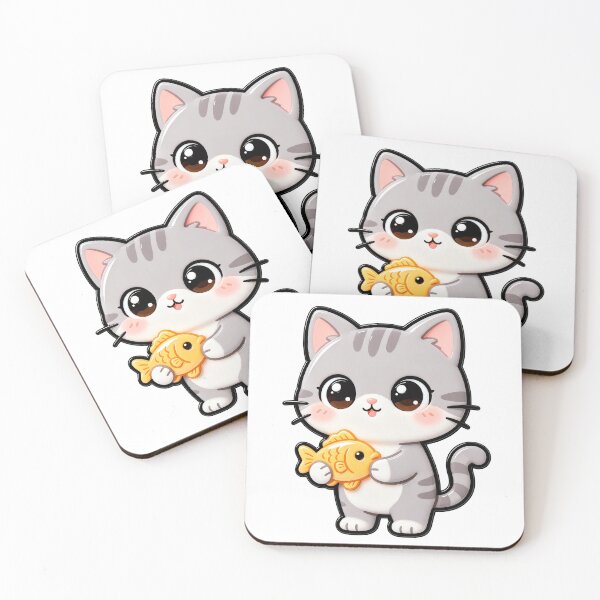 Item preview, Cute Gray Tabby Cat Holding Fish Snack - Kawaii Cat Art designed and sold by Raloel Art.