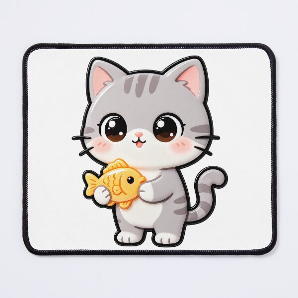 Item preview, Cute Gray Tabby Cat Holding Fish Snack - Kawaii Cat Art designed and sold by Raloel Art.