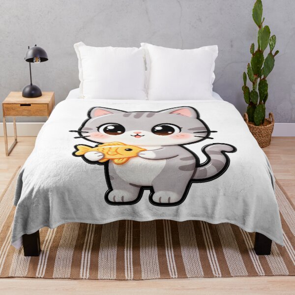 Item preview, Cute Gray Tabby Cat Holding Fish Snack - Kawaii Cat Art designed and sold by Raloel Art.