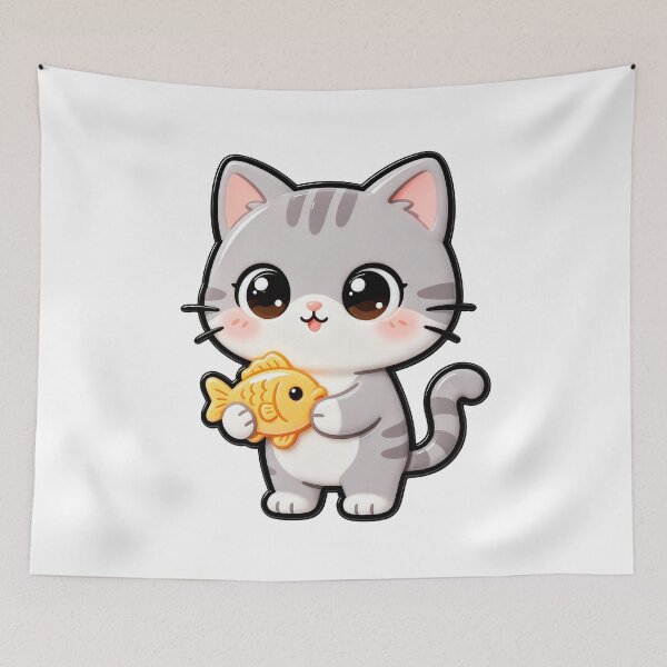Item preview, Cute Gray Tabby Cat Holding Fish Snack - Kawaii Cat Art designed and sold by Raloel Art.
