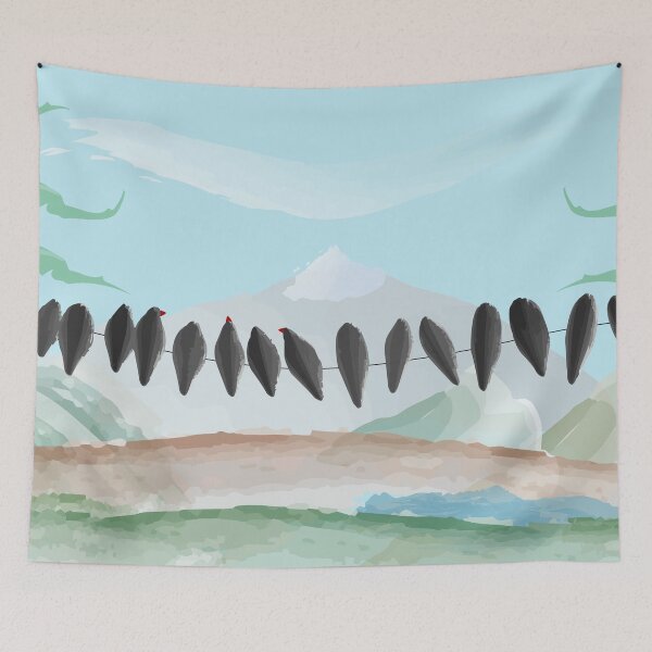 Item preview, Birds on a Wire Mountain Landscape - Scenic Watercolor Nature Illustration designed and sold by Caterina@.