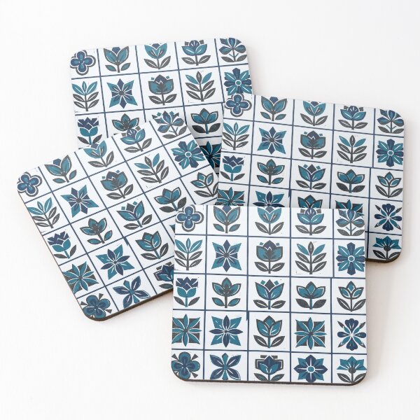 Item preview, Blue Botanical Block Print Floral Grid Pattern designed and sold by Owcomm.