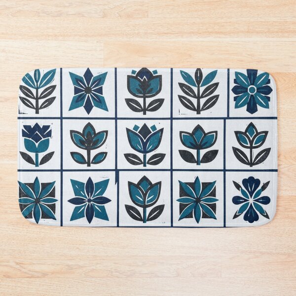 Item preview, Blue Botanical Block Print Floral Grid Pattern designed and sold by Owcomm.