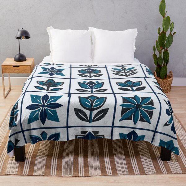 Item preview, Blue Botanical Block Print Floral Grid Pattern designed and sold by Owcomm.