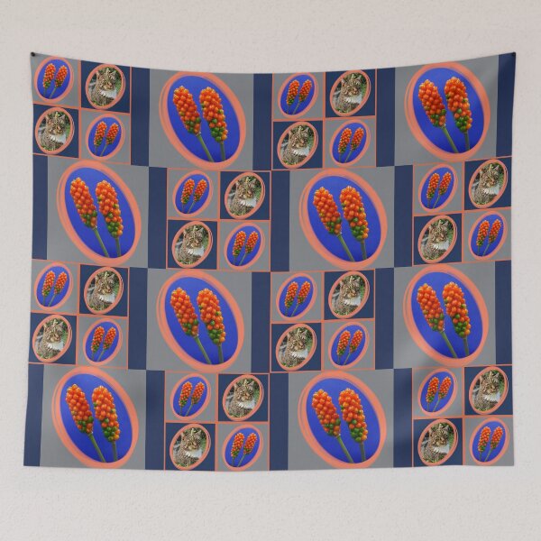 Item preview, Whimsical Cat Portrait and Italian Arum Berries Collage designed and sold by JurateArt-DK.