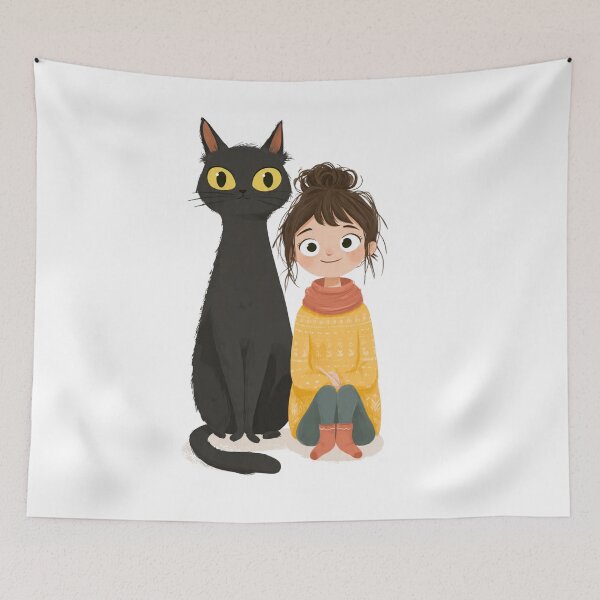 Item preview, Cozy Girl and Her Tall Black Cat Cartoon  designed and sold by LC&LCPlatform.