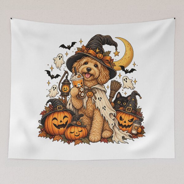 Item preview, Cute Halloween Witch Dog with Pumpkins and Ghosts designed and sold by will freed18.