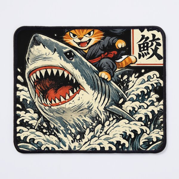 Item preview, Japanese Ninja Samurai Cat Riding Shark Retro Distressed designed and sold by will freed18.