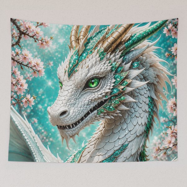 Item preview, White Emerald Dragon – Magical Dragon with Cherry Blossoms designed and sold by DrakariArt.