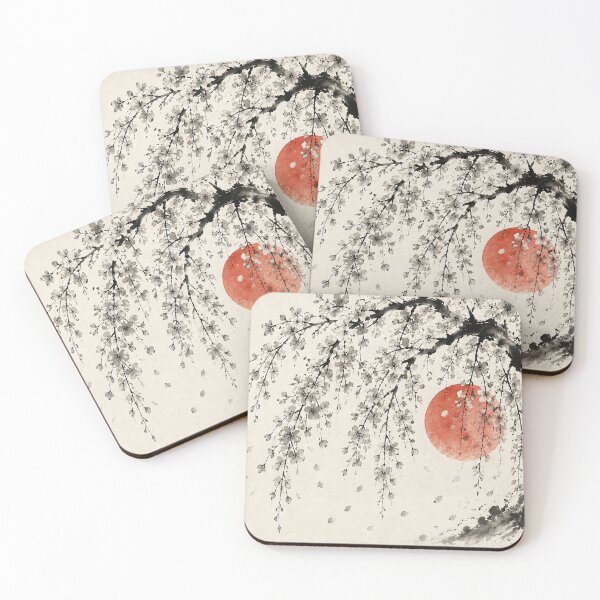 Item preview, Sakura 桜 - Weeping Cherry Blossom Sumi-e Ink Painting with Red Sun designed and sold by KeisJapan.
