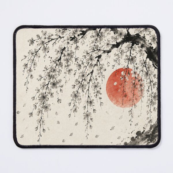 Item preview, Sakura 桜 - Weeping Cherry Blossom Sumi-e Ink Painting with Red Sun designed and sold by KeisJapan.