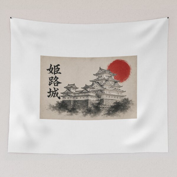 Item preview, Himeji Castle 姫路城 - Japanese Sumi-e Ink Painting with Red Sun designed and sold by KeisJapan.
