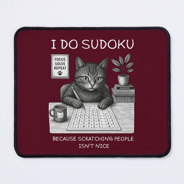 Item preview, Cat Solving Sudoku Puzzle | Focus Solve Repeat Vintage Kitten Art Maroon designed and sold by UnitedWeWear.