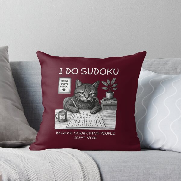 Item preview, Cat Solving Sudoku Puzzle | Focus Solve Repeat Vintage Kitten Art Maroon designed and sold by UnitedWeWear.