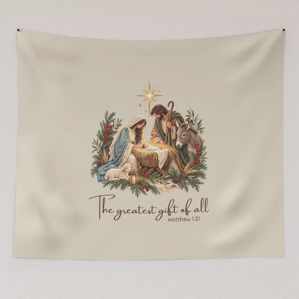Item preview, The Greatest Gift of All — Nativity Christmas Art | Matthew 1:21 Scripture Design designed and sold by Grace Works Studio by Kelly Florence .