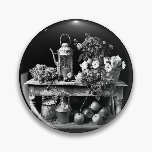 Item preview, Rustic Autumn Harvest Still Life with Apples Flowers Lantern Black and White Art designed and sold by inkoutninja.