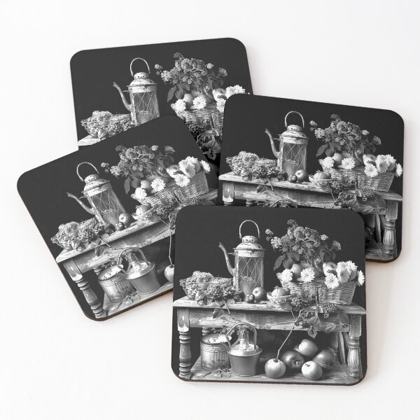 Item preview, Rustic Autumn Harvest Still Life with Apples Flowers Lantern Black and White Art designed and sold by inkoutninja.