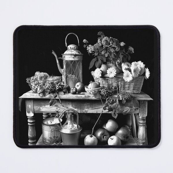 Item preview, Rustic Autumn Harvest Still Life with Apples Flowers Lantern Black and White Art designed and sold by inkoutninja.