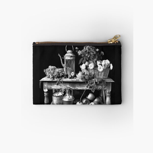 Item preview, Rustic Autumn Harvest Still Life with Apples Flowers Lantern Black and White Art designed and sold by inkoutninja.