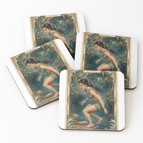 Item preview, The Leap Tarot Card 0 The Wild Dive - Sea Priestess & Baby Green Dragon - Grotto Fantasy Art designed and sold by ExpressoJungle.