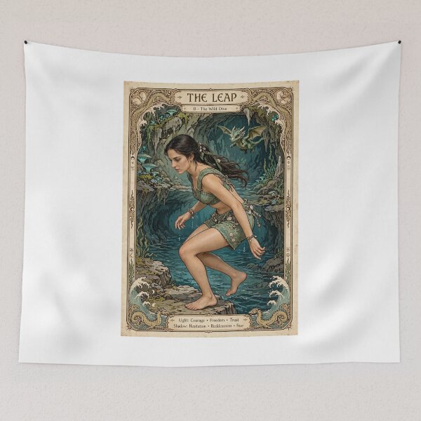 Item preview, The Leap Tarot Card 0 The Wild Dive - Sea Priestess & Baby Green Dragon - Grotto Fantasy Art designed and sold by ExpressoJungle.