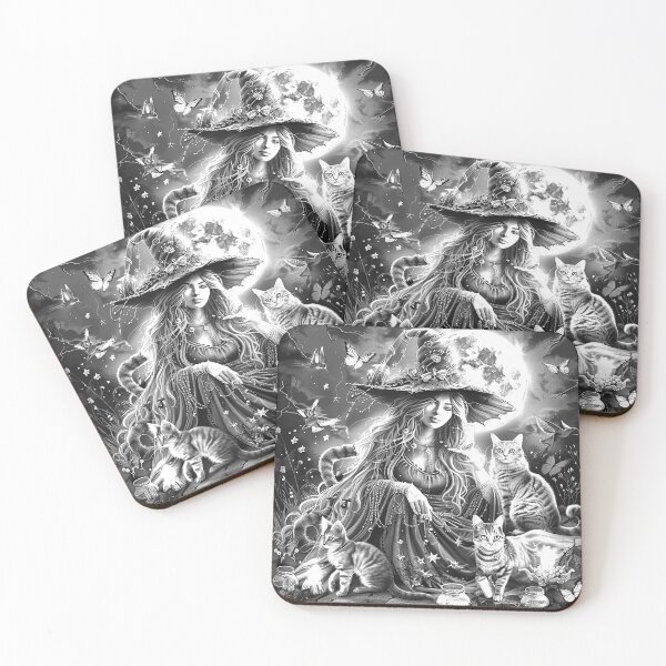 Item preview, Moonlit Witch with Cats Butterflies and Full Moon Black and White Fantasy Art designed and sold by inkoutninja.